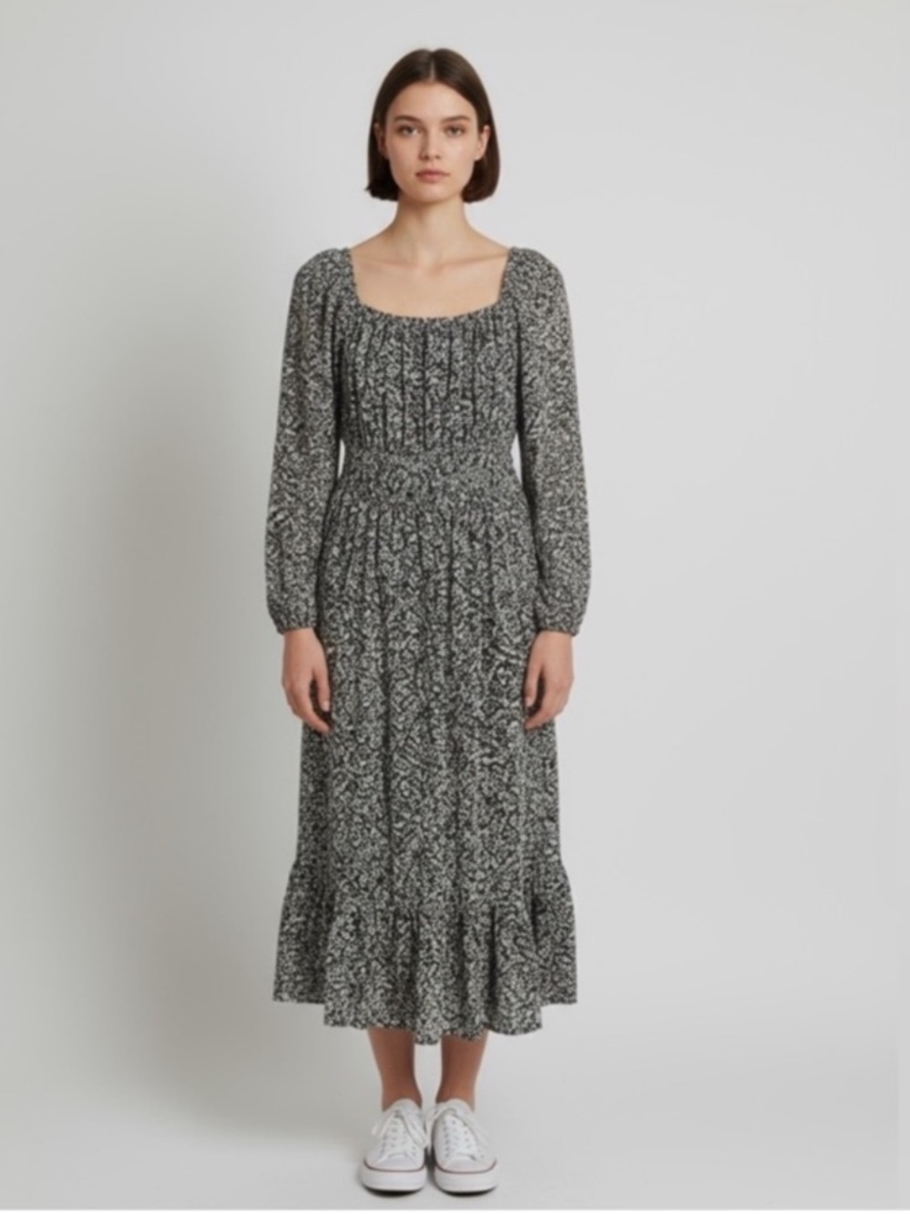 Japna black & white floral prairiecore cottagecore  long sleeve midi dress mediu